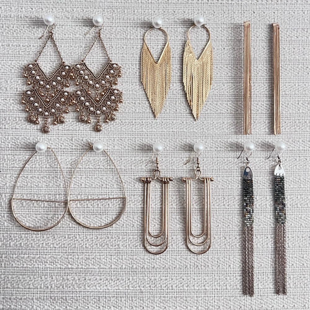 Set 6 Pair Statement Earrings Gold Silver Tone Chandelier Hoop Fringe Dangle
